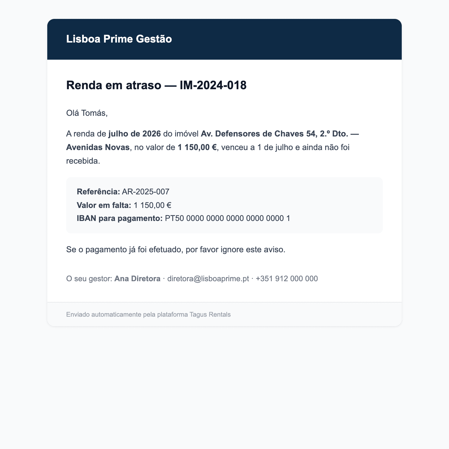 Email automático de renda em atraso enviado ao inquilino